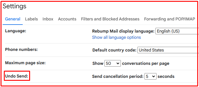 Gmail Settings undo send